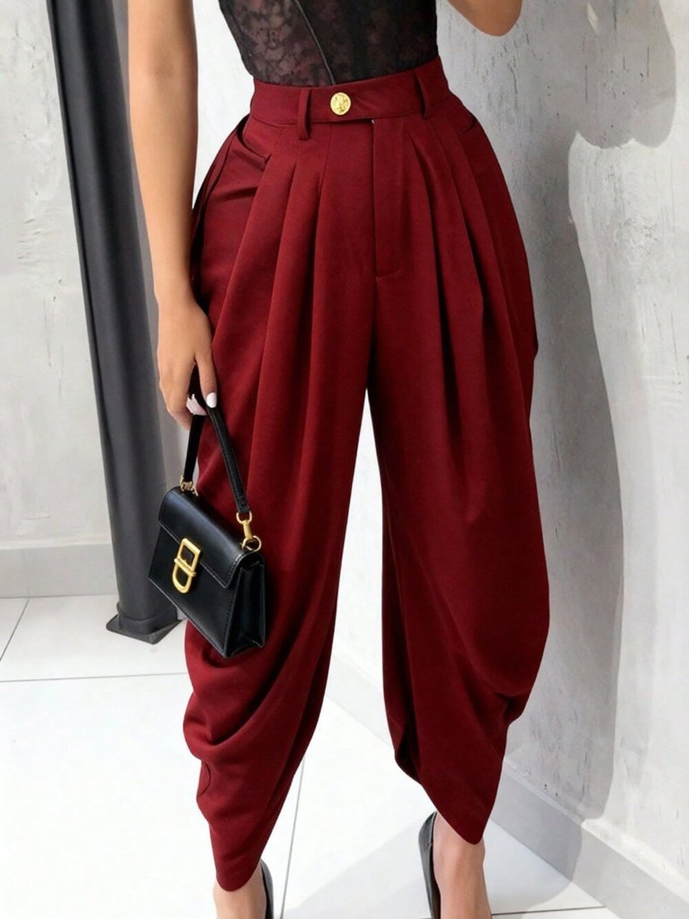 Burgundy Casual Women's High Waist Pleated Asymmetrical Pants